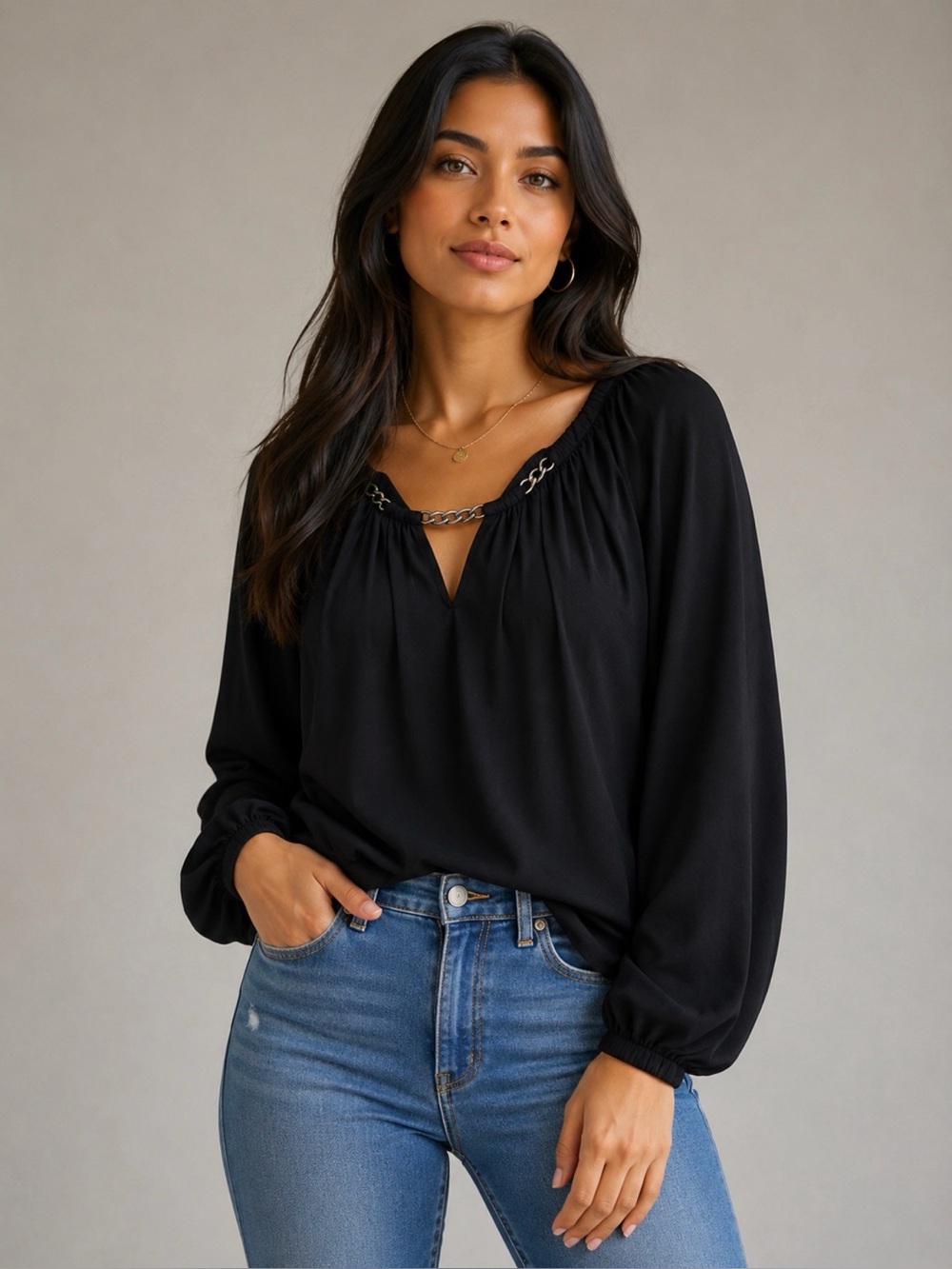 Jennifer Lopez long sleeve Top Club Casual blouse black